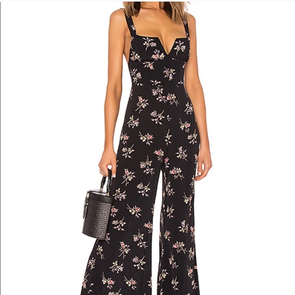 REVOLVE BLUE LIFE BLACK WIDE LEG FLORAL JUMPSUIT S